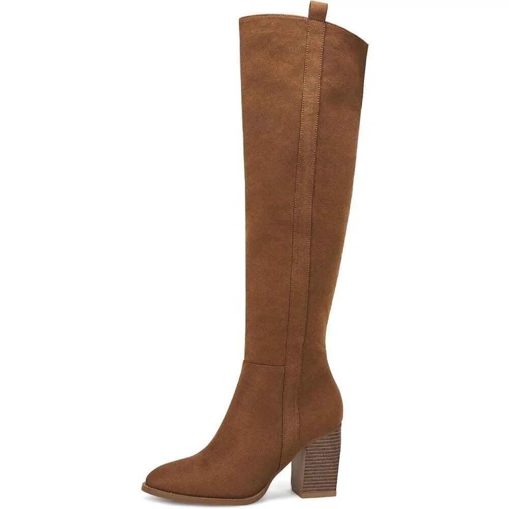 Womens Brown Faux Suede Knee High Side Zipper Chunky Heel Stretch Winter Boots